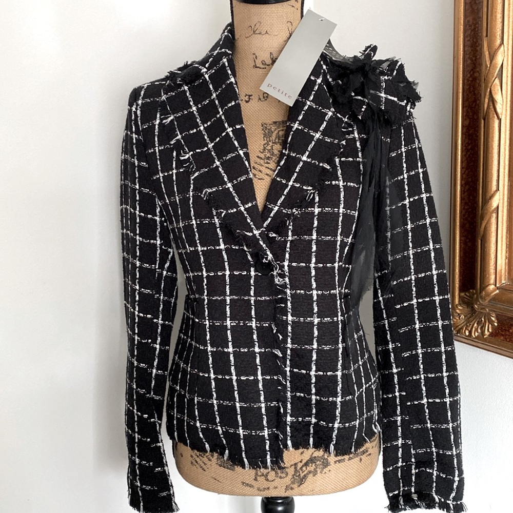 Carole Little Vintage Women Tweed Blazer Black White Jacket Plaid M Silk Blend